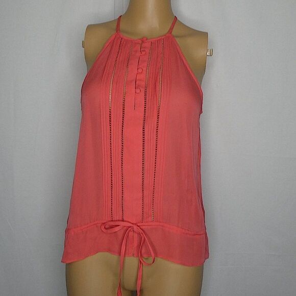 Parker Jamison Silk Tank Top Cami Button Up Tied Small Sleeveless Coral Cutout - Picture 1 of 11